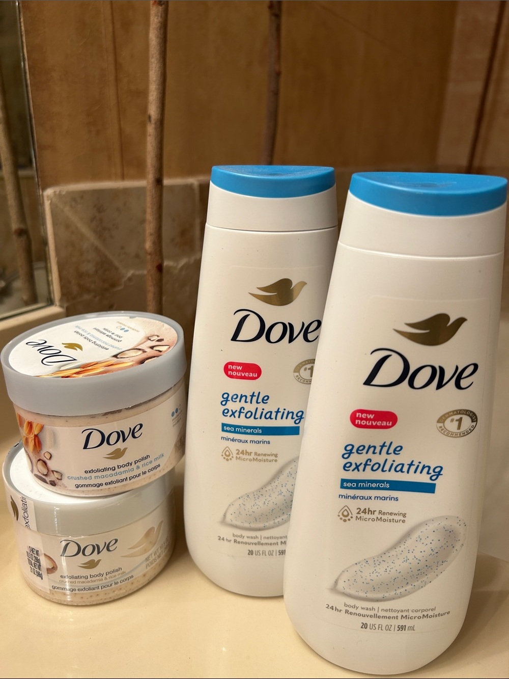 Dove Bundle Exfoliation Body Wash & Macadamia Body Polish Scrub 4 items